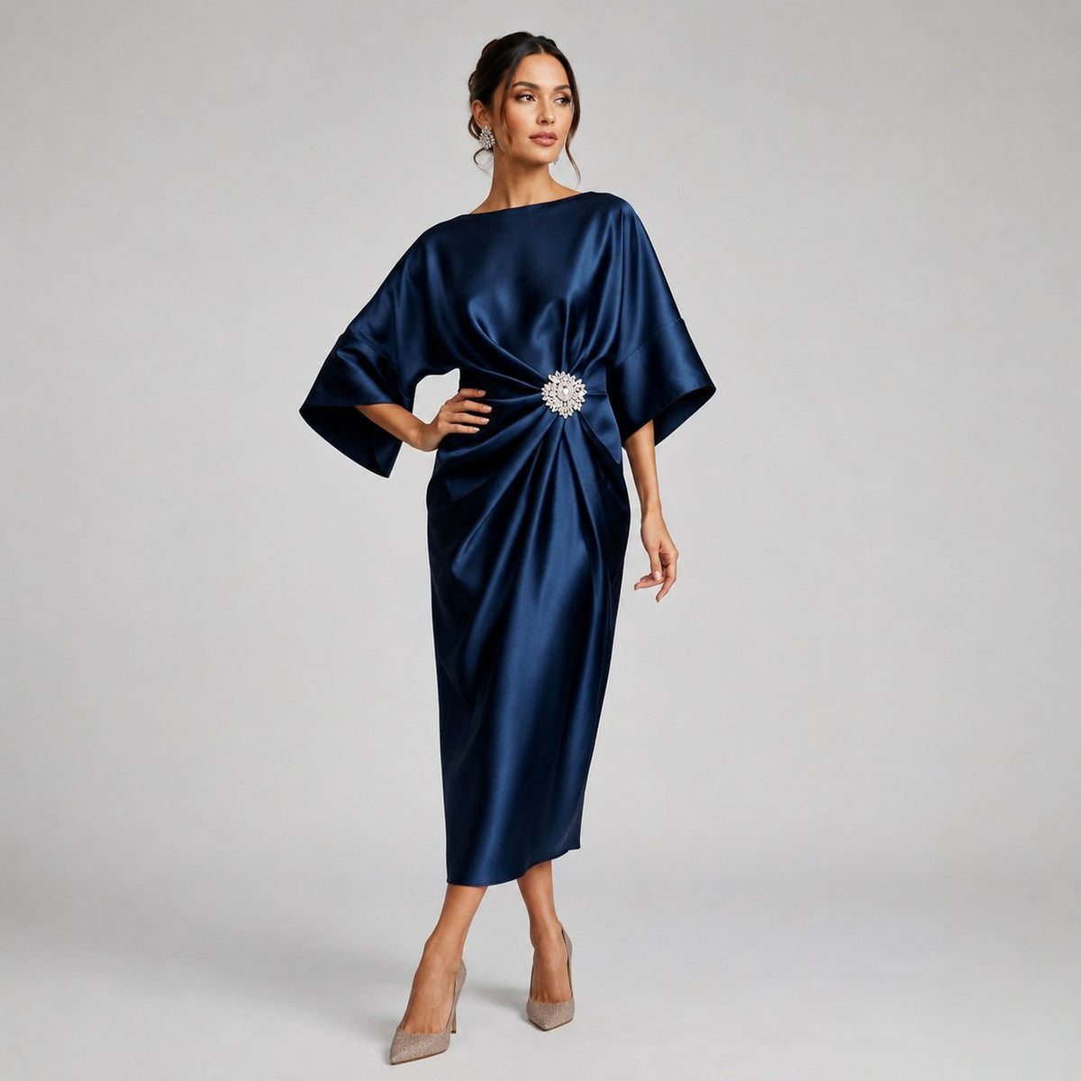 Satin Kimono Sleeve Midi Dress in Navy