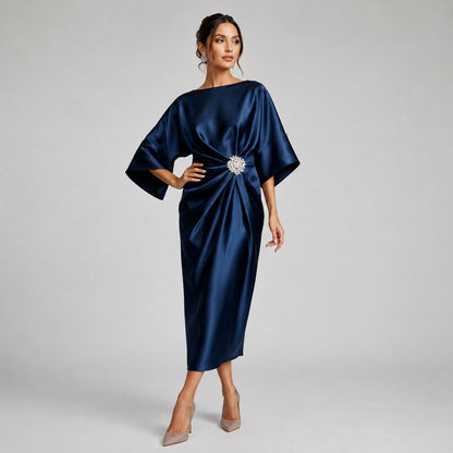 Satin Kimono Sleeve Midi Dress in Navy