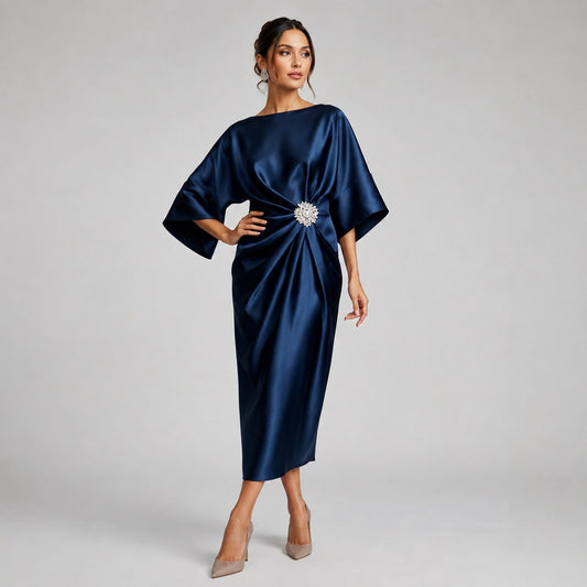 Satin Kimono Sleeve Midi Dress in Navy