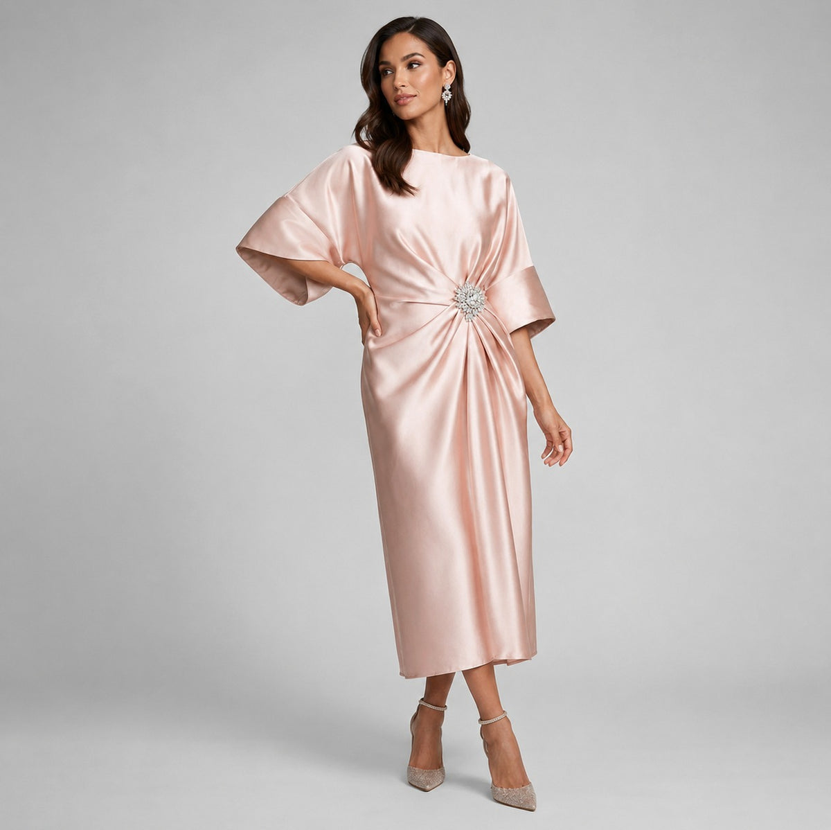 Satin Kimono Sleeve Midi Dress in Light Peach
