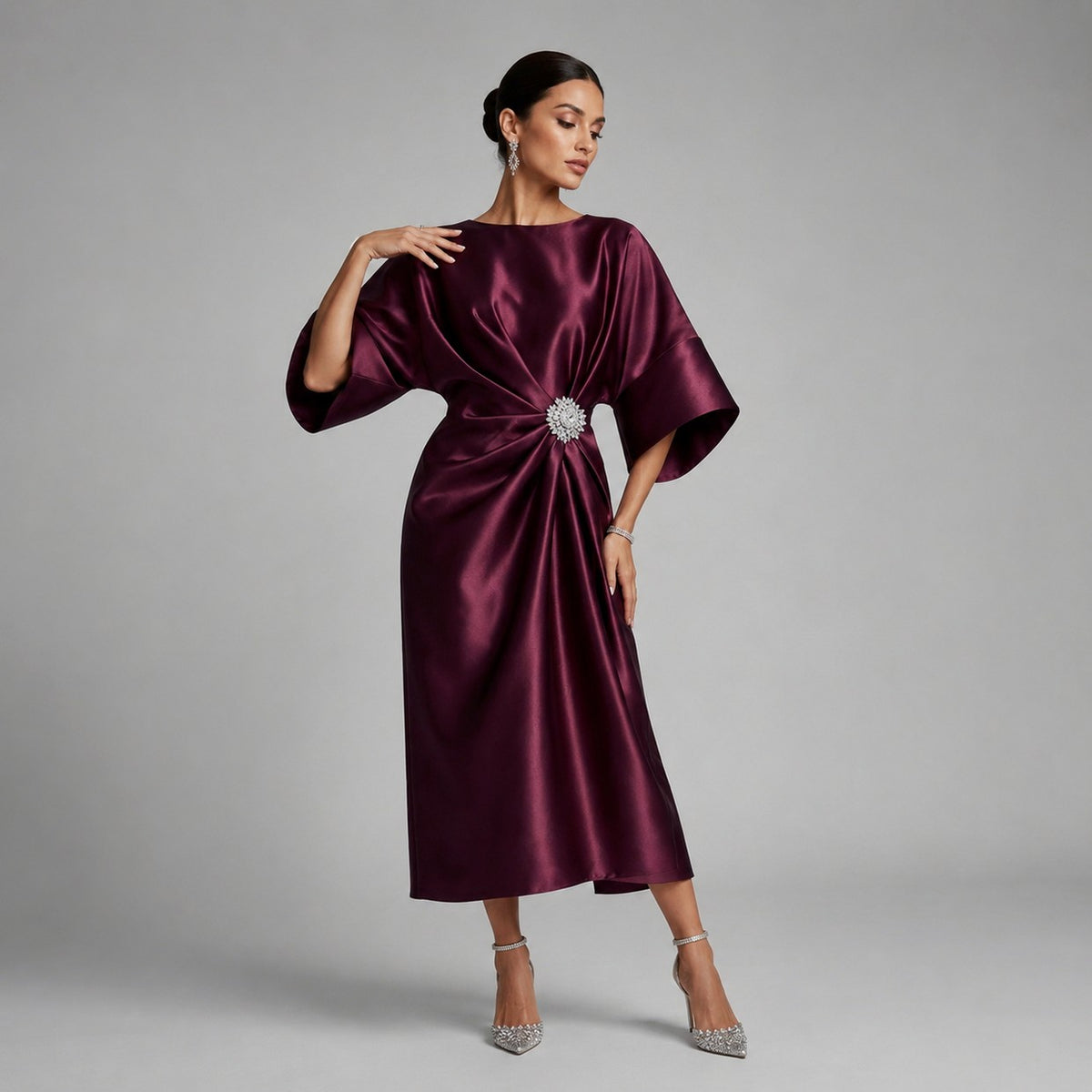 Satin Kimono Sleeve Midi Dress in Wine Red
