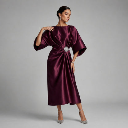 Satin Kimono Sleeve Midi Dress in Wine Red
