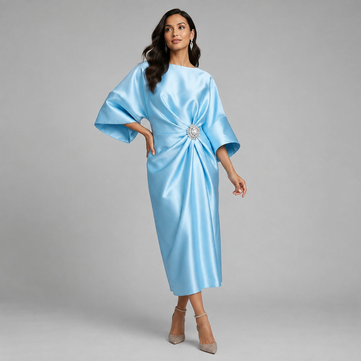 Satin Kimono Sleeve Midi Dress in Light Blue