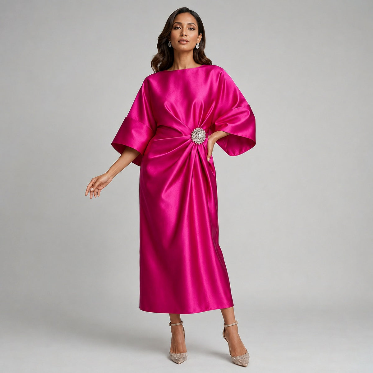Satin Kimono Sleeve Midi Dress in Pink