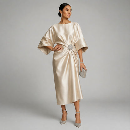 Satin Kimono Sleeve Midi Dress in Champagne