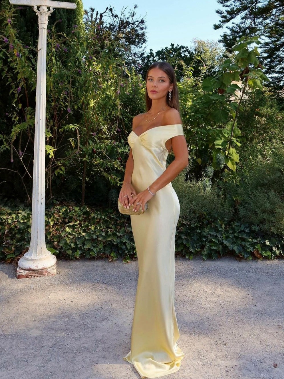 Satin Off Shoulder Maxi Dress in Butter Yellow