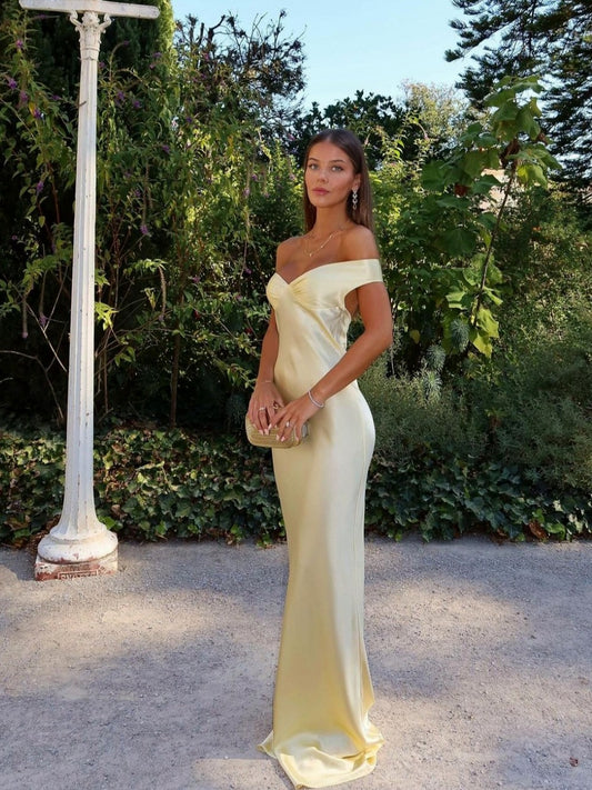 Satin Off Shoulder Maxi Dress in Butter Yellow