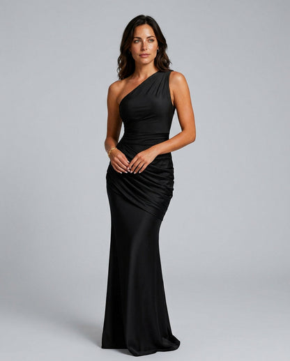Satin One Shoulder Draped Mermaid Maxi Dress in Black