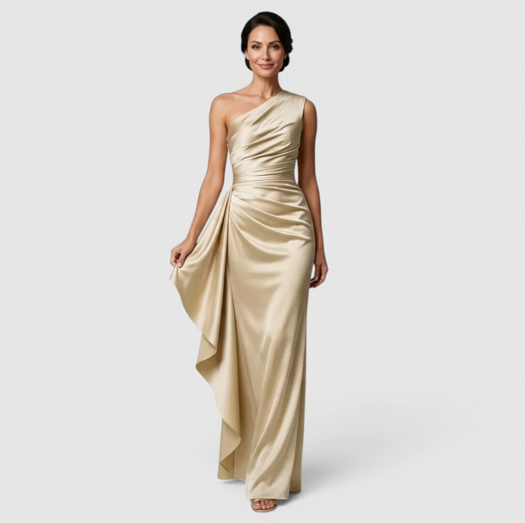 Satin One Shoulder Cascade Ruffle Maxi Dress in Champagne