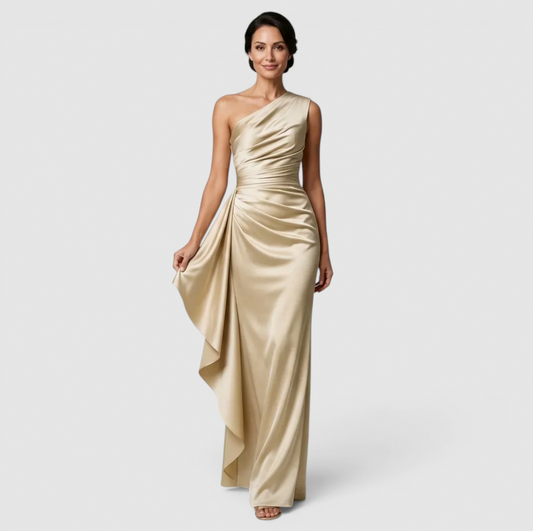 Satin One Shoulder Cascade Ruffle Maxi Dress in Champagne