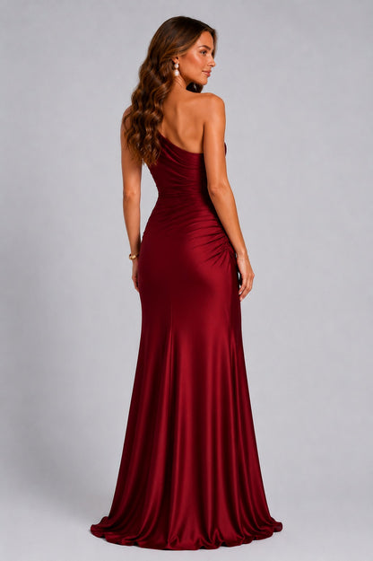 Satin One Shoulder Draped Mermaid Maxi Dress
