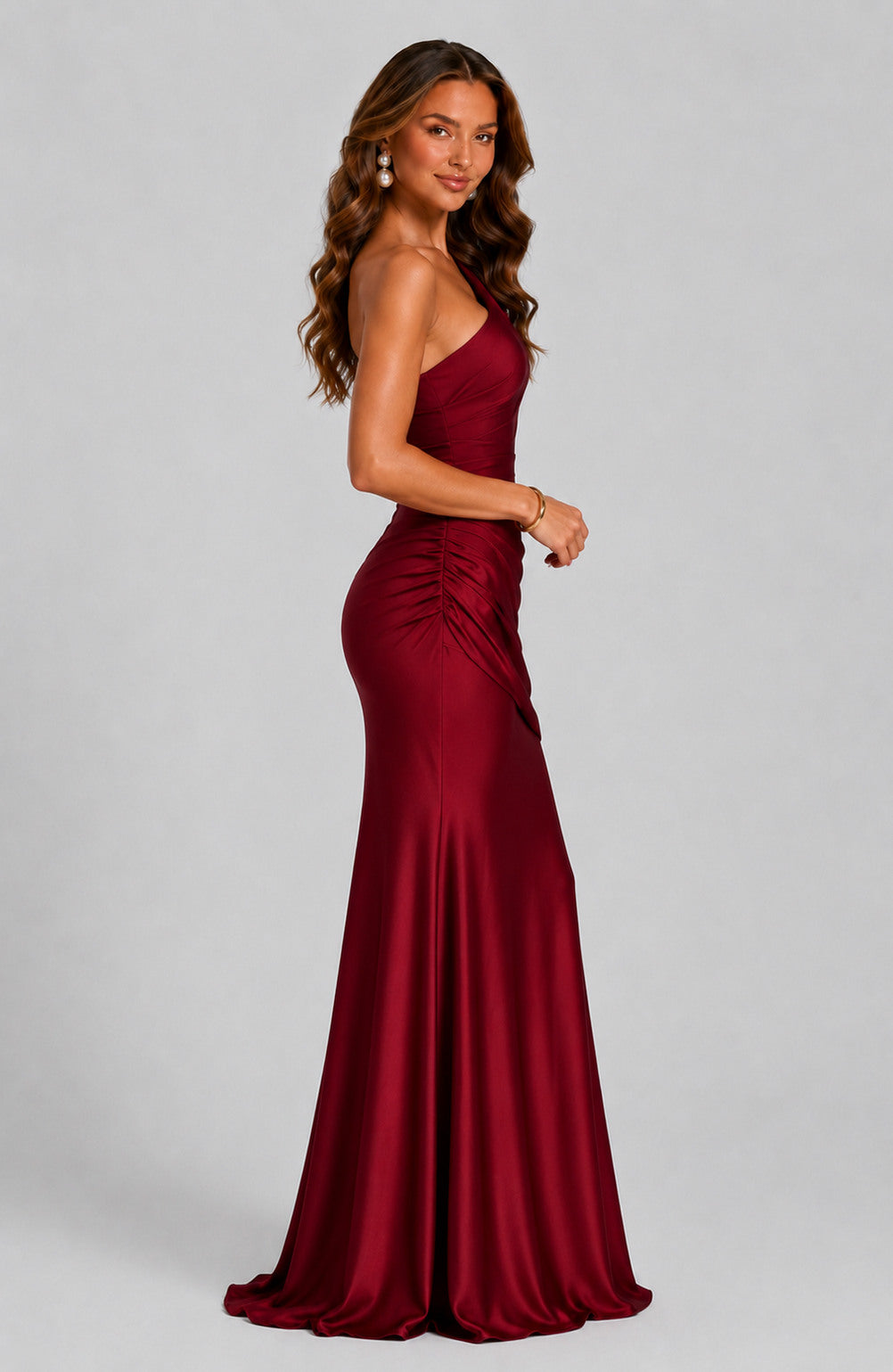 Satin One Shoulder Draped Mermaid Maxi Dress