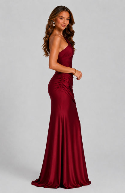 Satin One Shoulder Draped Mermaid Maxi Dress