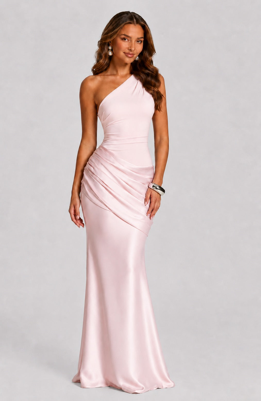 Satin One Shoulder Draped Mermaid Maxi Dress in Pink