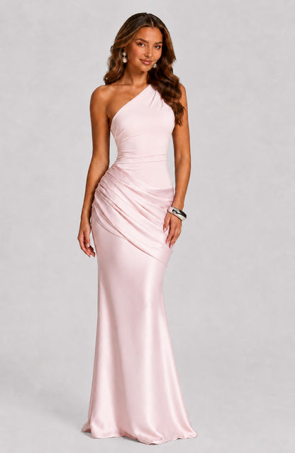 Satin One Shoulder Draped Mermaid Maxi Dress in Pink