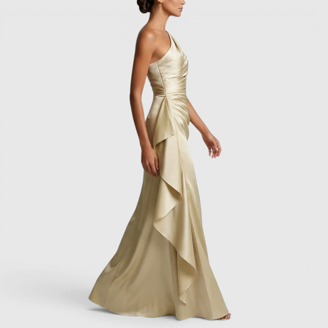 Satin One Shoulder Cascade Ruffle Maxi Dress