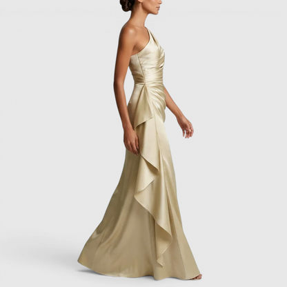 Satin One Shoulder Cascade Ruffle Maxi Dress