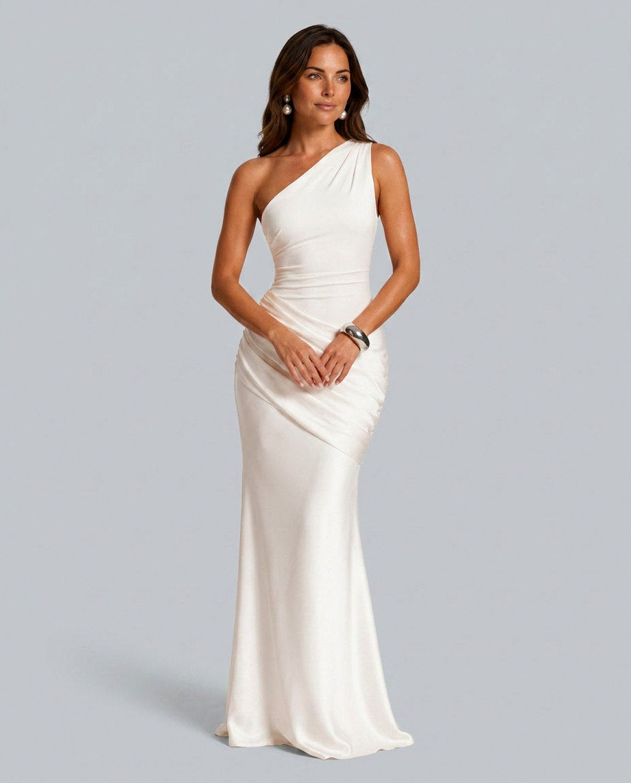 Satin One Shoulder Draped Mermaid Maxi Dress in White