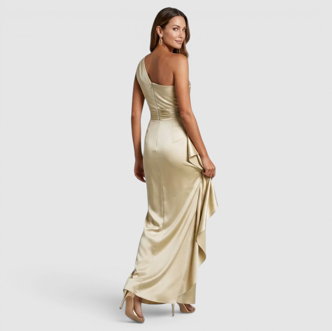 Satin One Shoulder Cascade Ruffle Maxi Dress
