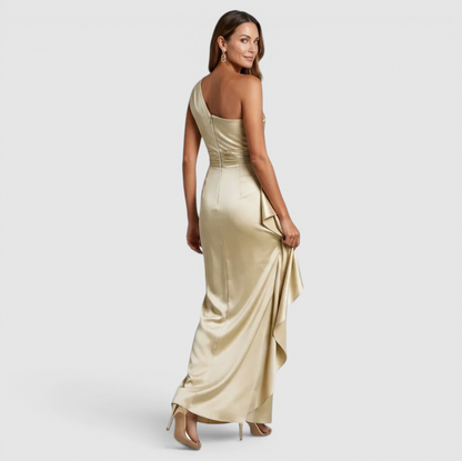 Satin One Shoulder Cascade Ruffle Maxi Dress