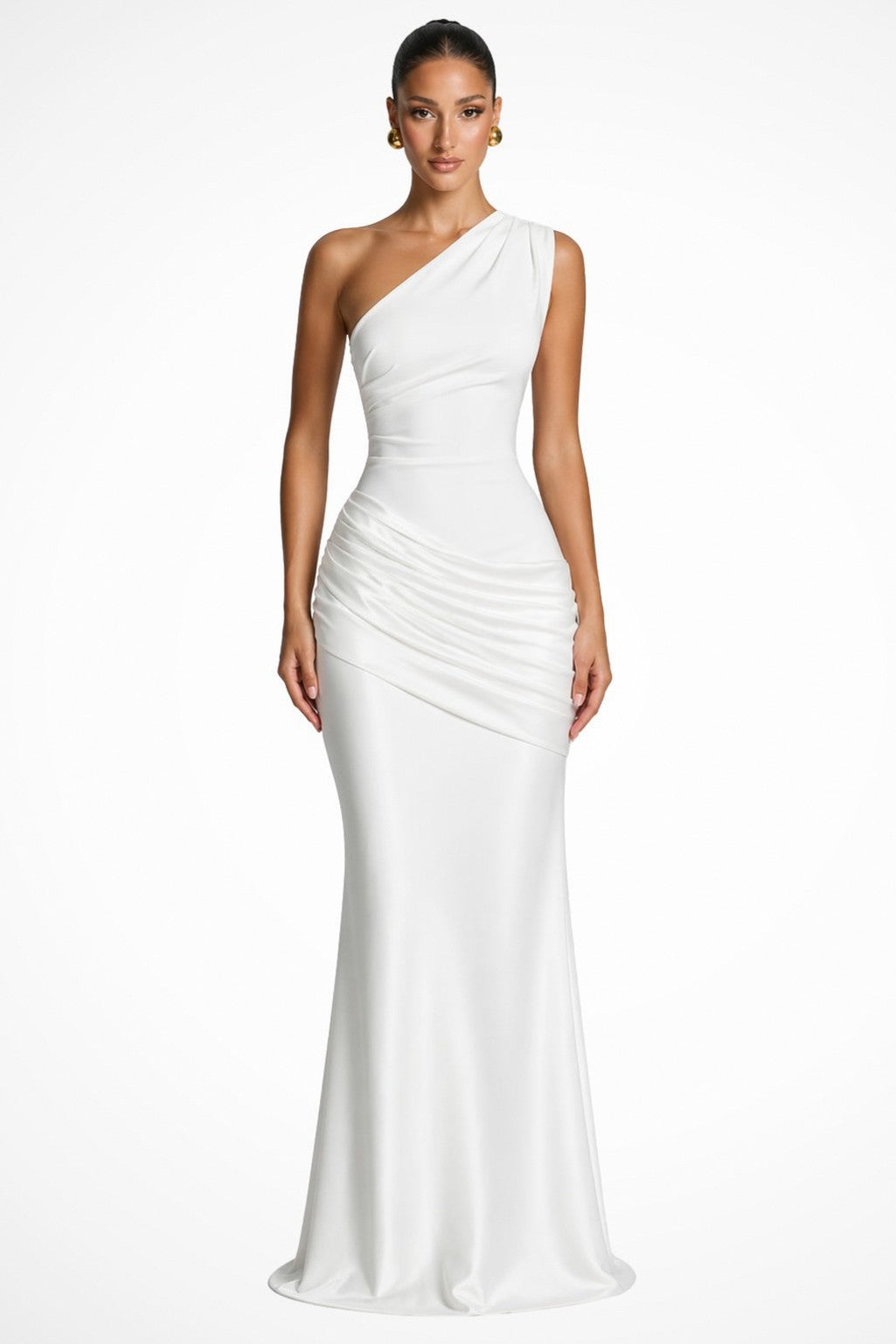 Satin One Shoulder Ruched Hip Maxi Dress in White