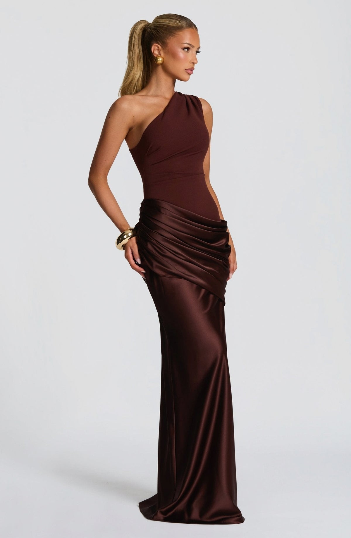 Satin Drop Waist One Shoulder Maxi Dress