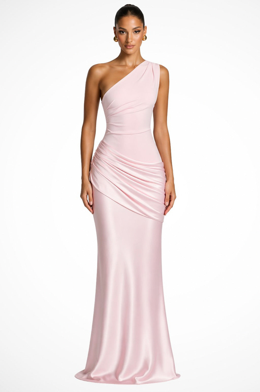 Satin One Shoulder Ruched Hip Maxi Dress in Pink