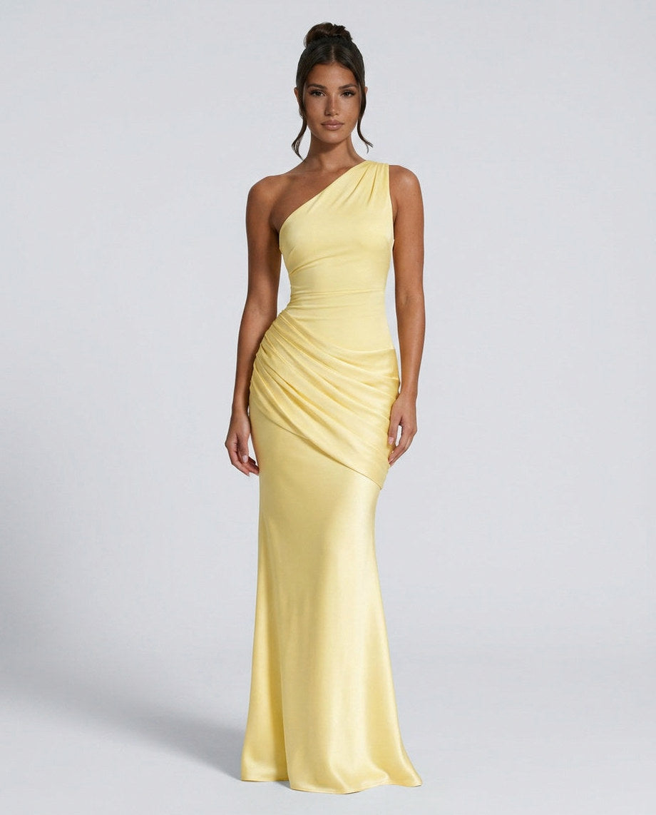 Satin One Shoulder Draped Mermaid Maxi Dress in Yellow