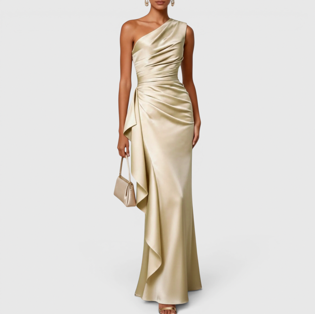 Satin One Shoulder Cascade Ruffle Maxi Dress
