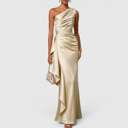 Satin One Shoulder Cascade Ruffle Maxi Dress