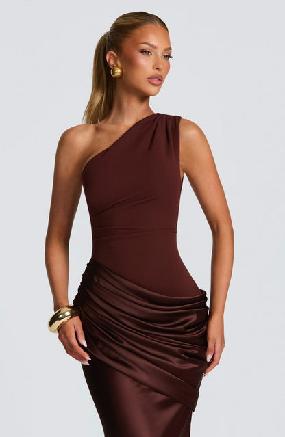 Satin Drop Waist One Shoulder Maxi Dress