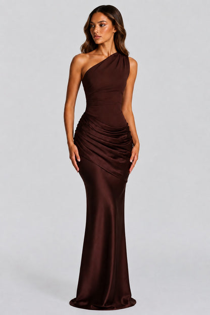 Satin One Shoulder Draped Mermaid Maxi Dress in Brown