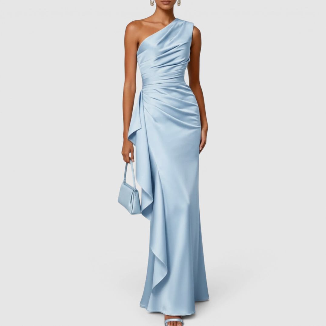 Satin One Shoulder Cascade Ruffle Maxi Dress in Light Blue
