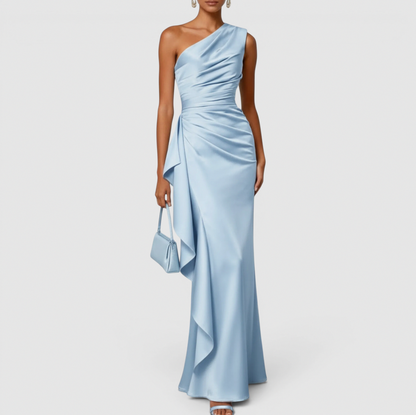Satin One Shoulder Cascade Ruffle Maxi Dress in Light Blue