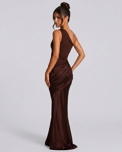 Satin One Shoulder Draped Mermaid Maxi Dress