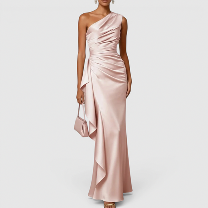 Satin One Shoulder Cascade Ruffle Maxi Dress in Light Pink