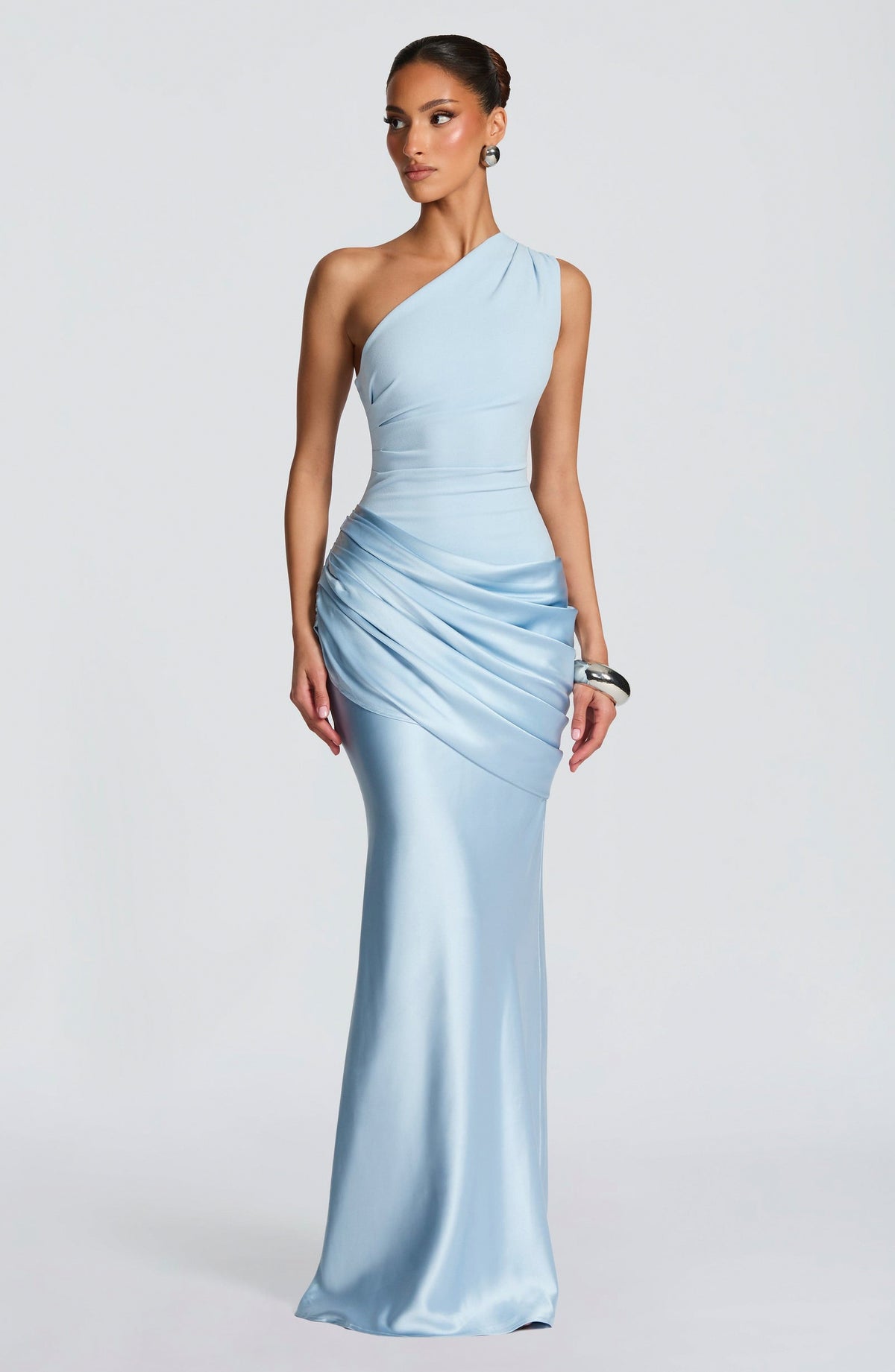 Satin Drop Waist One Shoulder Maxi Dress in Blue