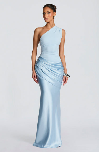 Satin Drop Waist One Shoulder Maxi Dress in Blue