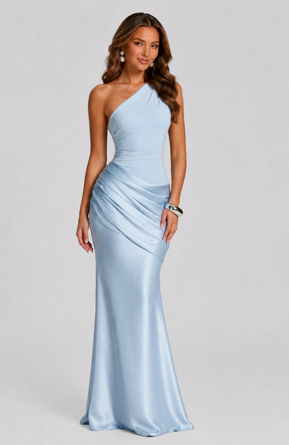 Satin One Shoulder Draped Mermaid Maxi Dress in Blue