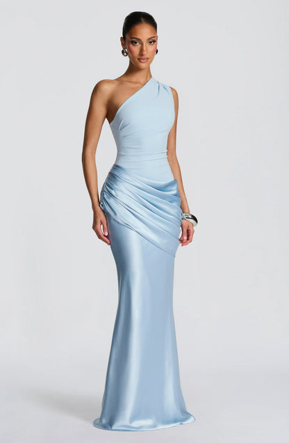 Satin Drop Waist One Shoulder Maxi Dress