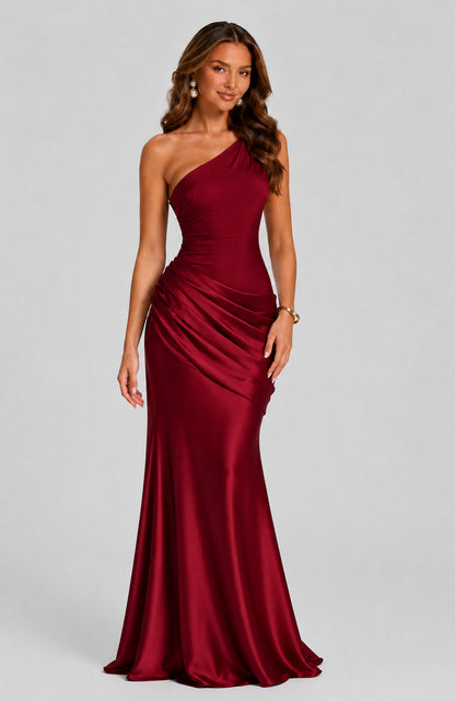 Satin One Shoulder Draped Mermaid Maxi Dress in Red