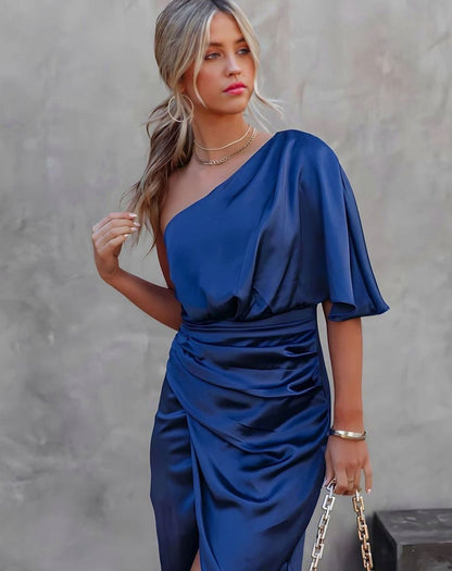 Satin One Shoulder Flutter Sleeve Midi Dress in Blue