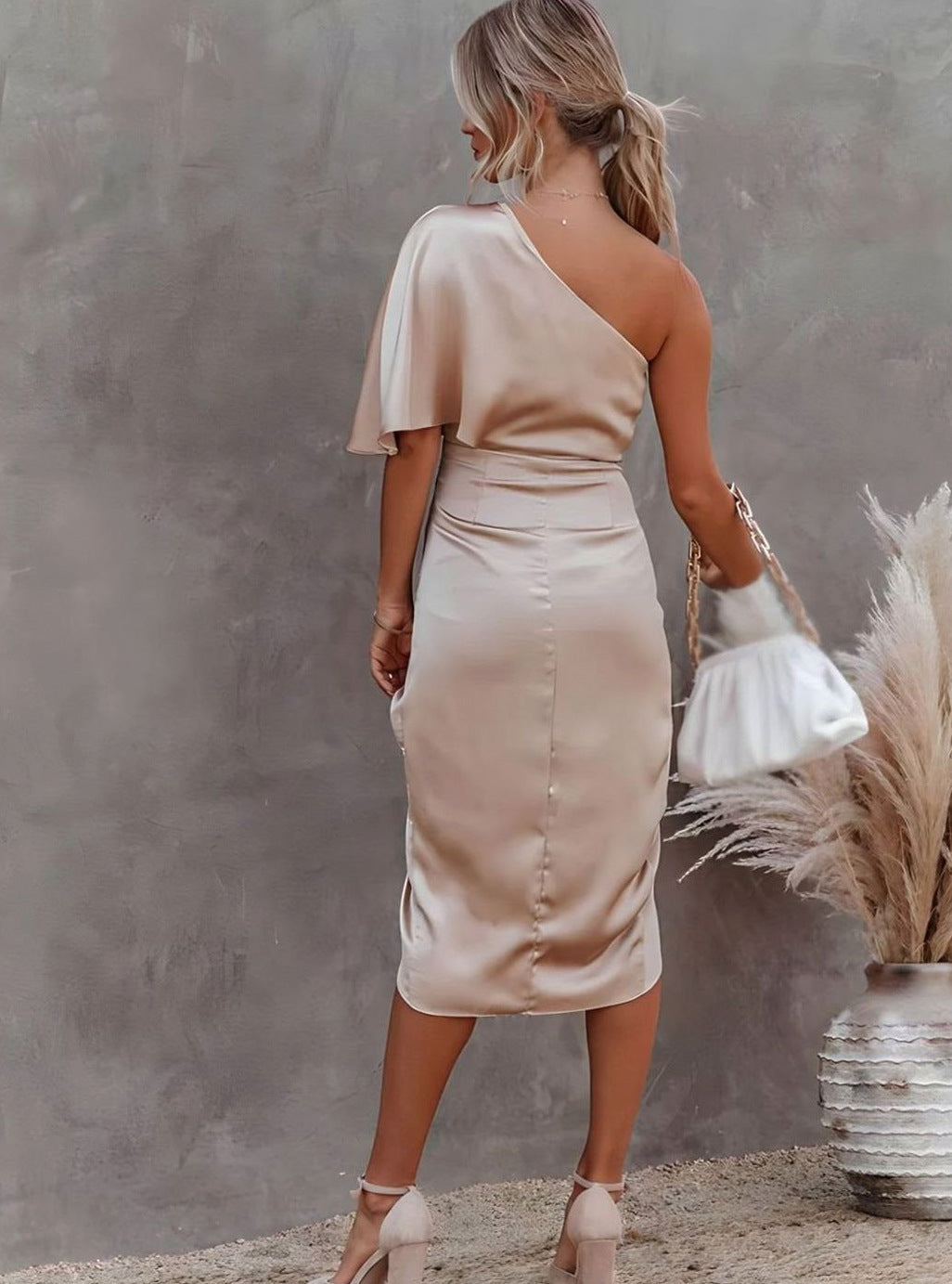 Satin One Shoulder Flutter Sleeve Midi Dress