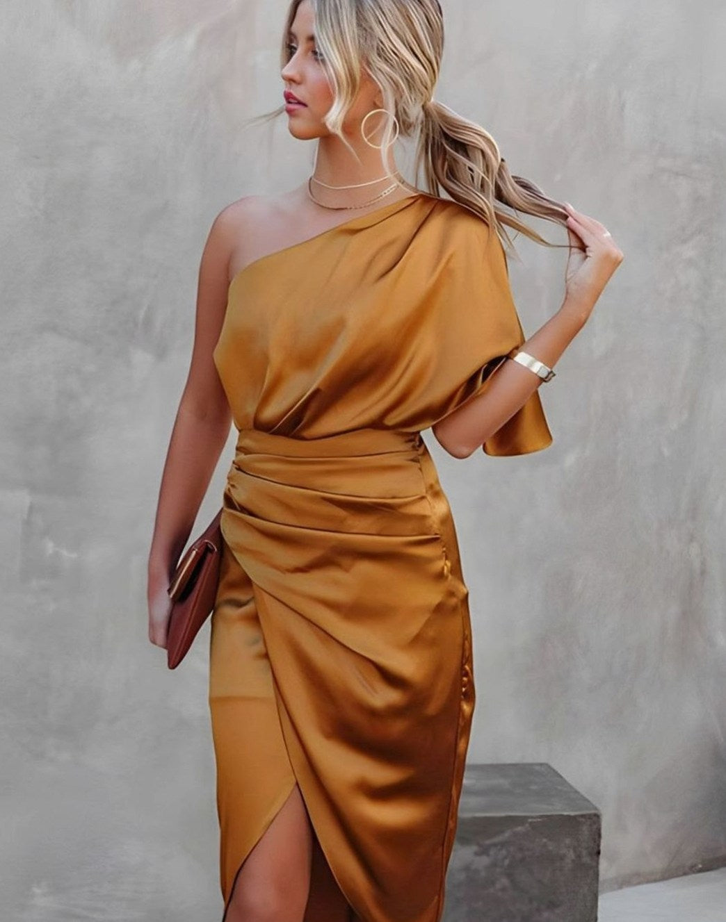 Satin One Shoulder Flutter Sleeve Midi Dress in Orange