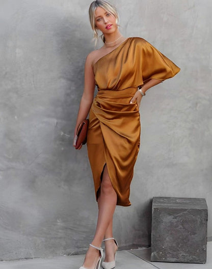 Satin One Shoulder Flutter Sleeve Midi Dress
