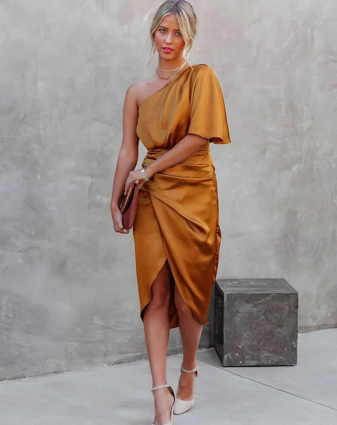 Satin One Shoulder Flutter Sleeve Midi Dress