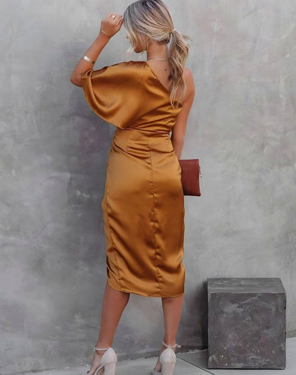 Satin One Shoulder Flutter Sleeve Midi Dress