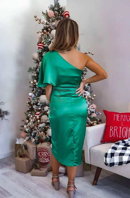 Satin One Shoulder Flutter Sleeve Midi Dress