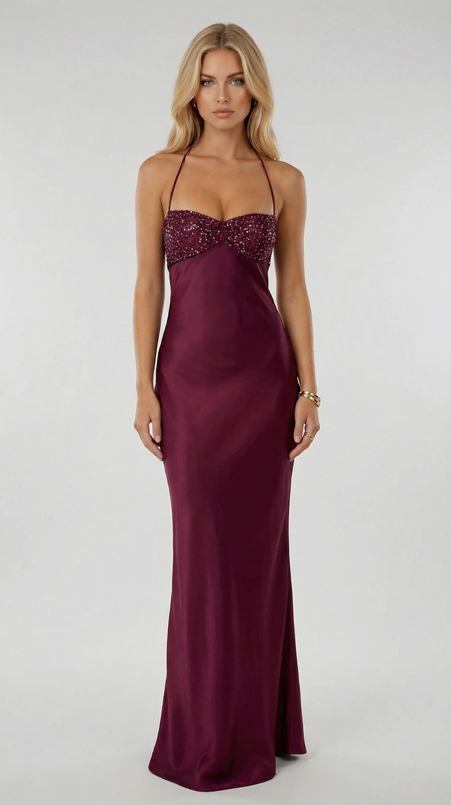 Satin Sequin Bustier Maxi Dress in Burgundy