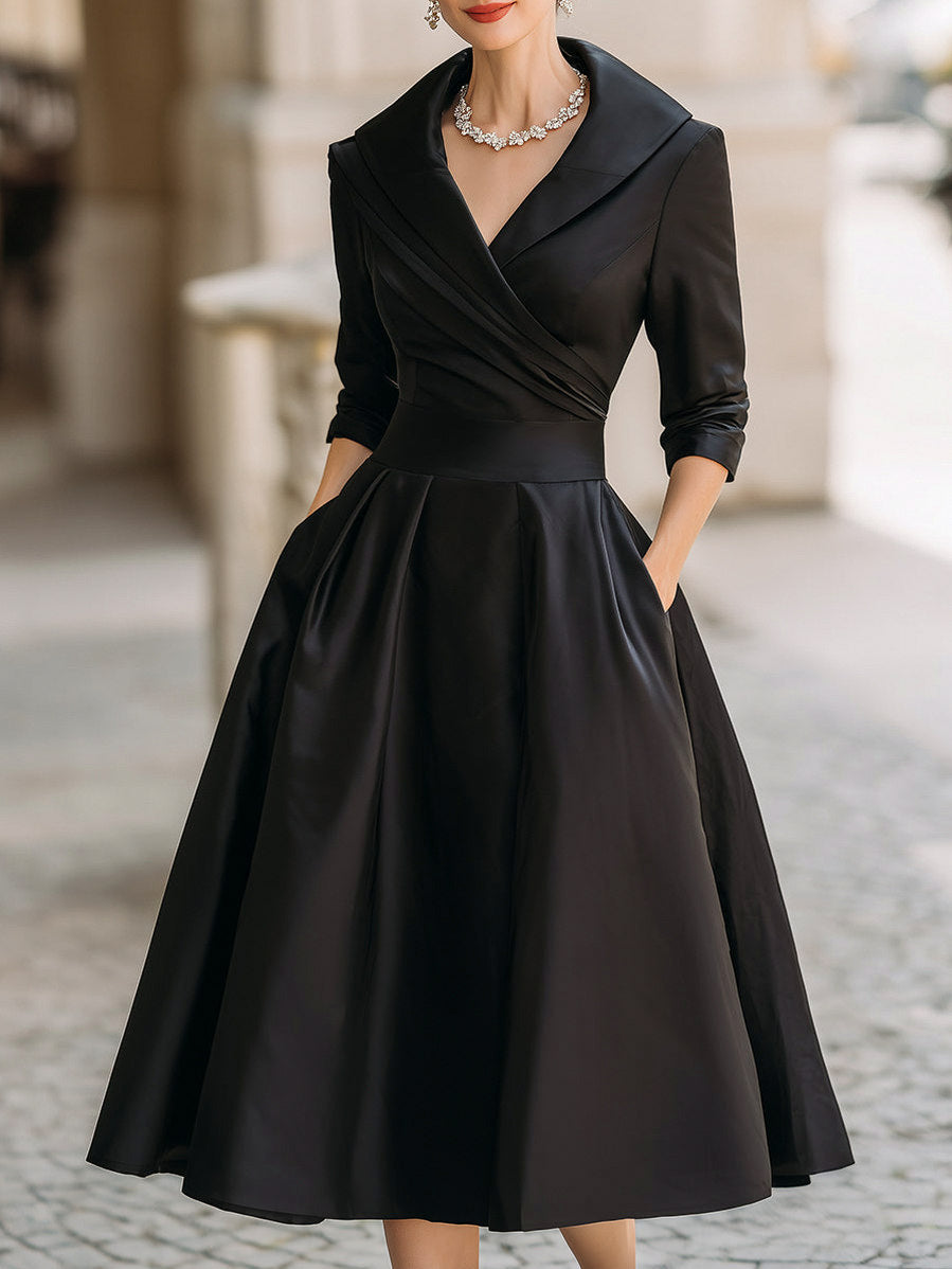 Satin Shawl Collar Midi Dress in Black